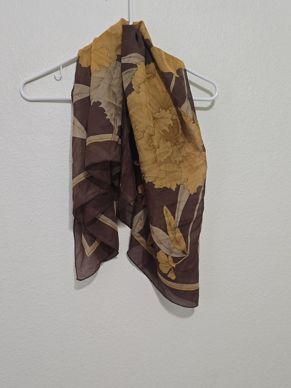 Brown & Mustard Floral Sheer Silk  Scarf - Unbranded